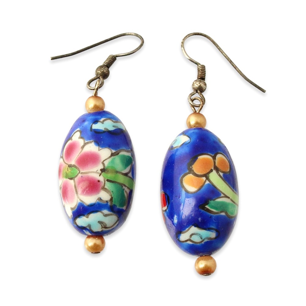 Vintage Chinese Hand Painted Porcelain Dangle Earrings Blue Multicolor Floral